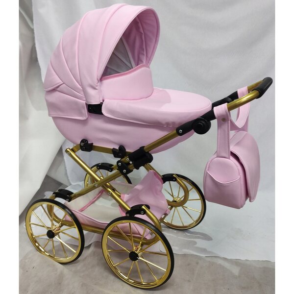 Großer, tiefer Retro-Kinderwagen für Darsi-Puppen in Rosa und Gold aus Öko-Leder