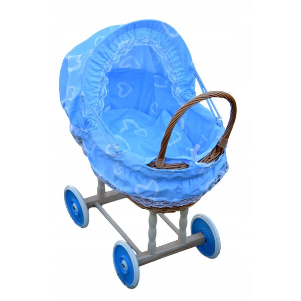 Blauer Puppenwagen aus Korbgeflecht mit Kissen und Decke – ab 12 Monaten