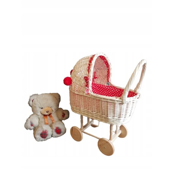 Korbwagen für Kinderpuppen mit weißen ecrufarbenen Pompons