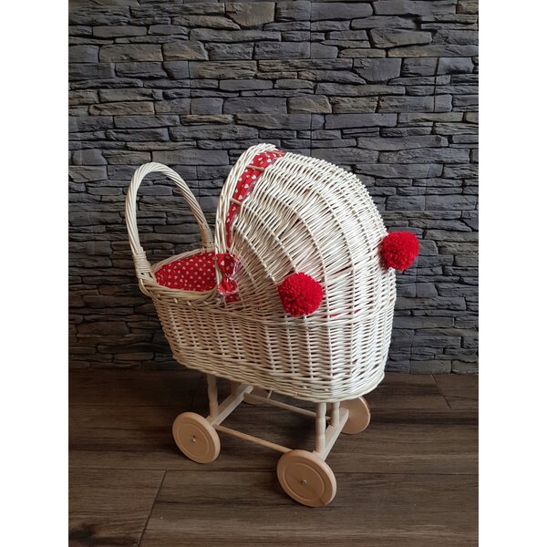 Korbwagen für Kinderpuppen mit weißen ecrufarbenen Pompons