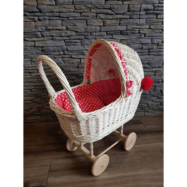 Korbwagen für Kinderpuppen mit weißen ecrufarbenen Pompons