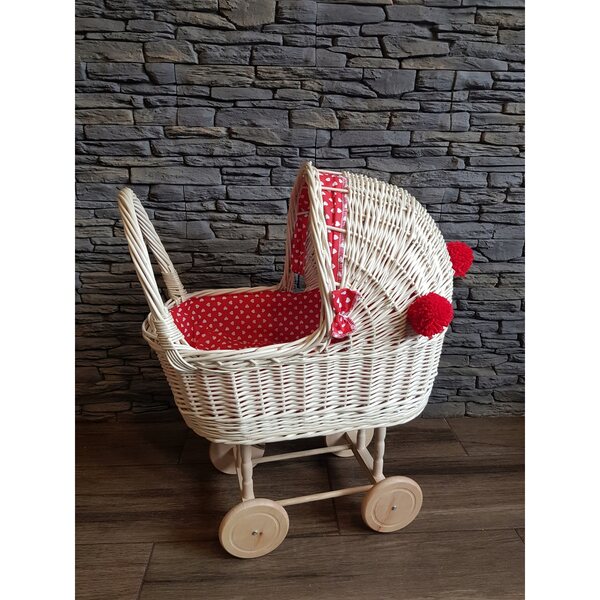 Korbwagen für Kinderpuppen mit weißen ecrufarbenen Pompons