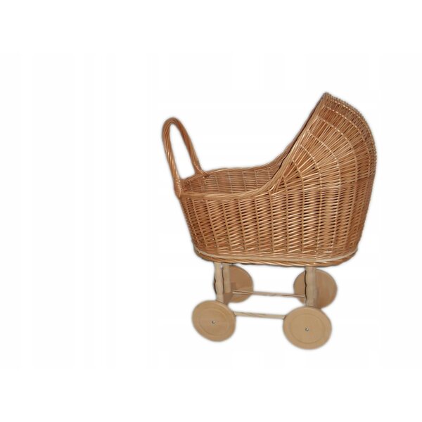Passeggino per bambole in vimini, spintore in legno naturale, 45x30x60 cm, prodotto polacco