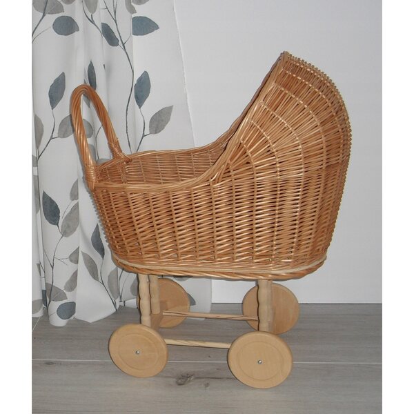 Passeggino per bambole in vimini, spintore in legno naturale, 45x30x60 cm, prodotto polacco