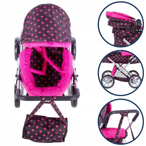 Deep Alice Puppenwagen mit Babytrage, Bettwäsche, Tasche und leisen Rädern