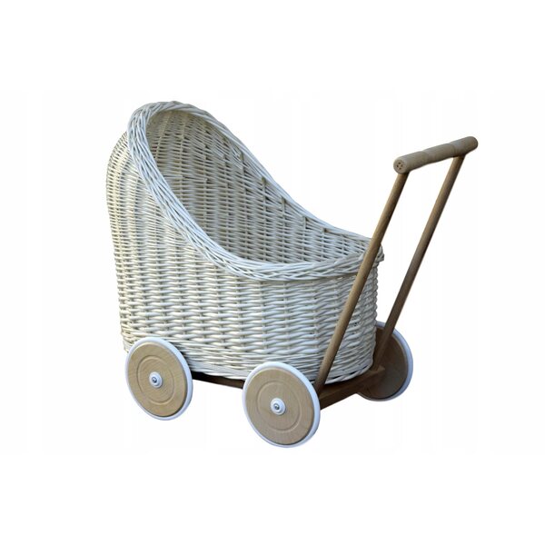 Cremeweißer Korbwagen für Puppen mit Holz- und Gummirädern