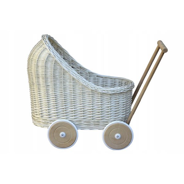 Cremeweißer Korbwagen für Puppen mit Holz- und Gummirädern
