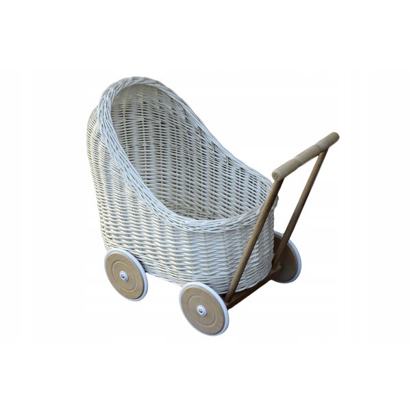 Cremeweißer Korbwagen für Puppen mit Holz- und Gummirädern