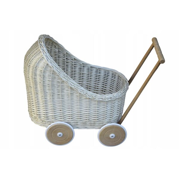 Cremeweißer Korbwagen für Puppen mit Holz- und Gummirädern