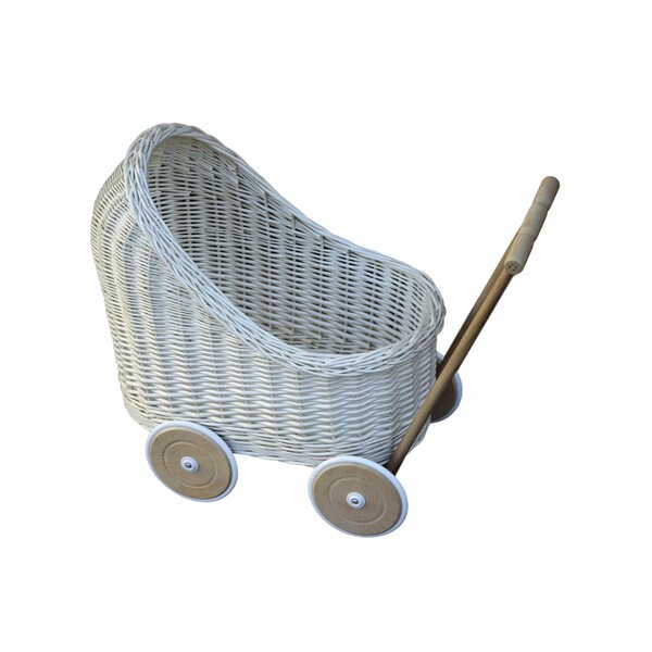 Cremeweißer Korbwagen für Puppen mit Holz- und Gummirädern