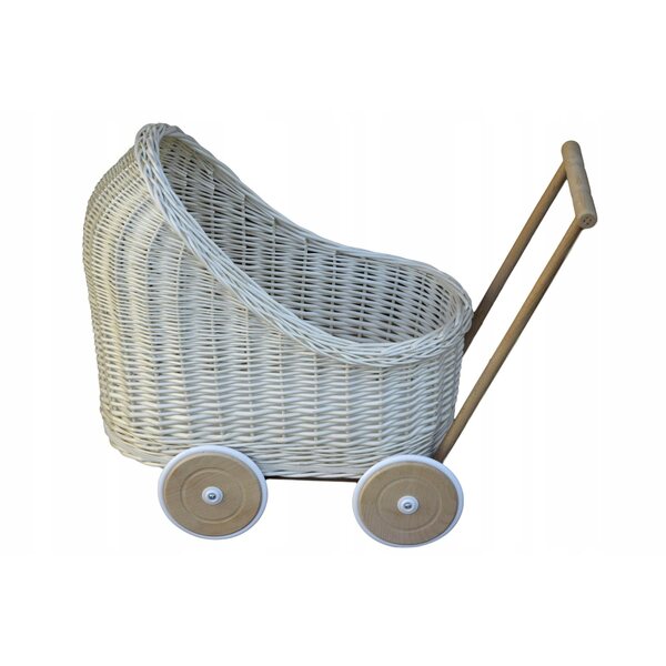 Cremeweißer Korbwagen für Puppen mit Holz- und Gummirädern