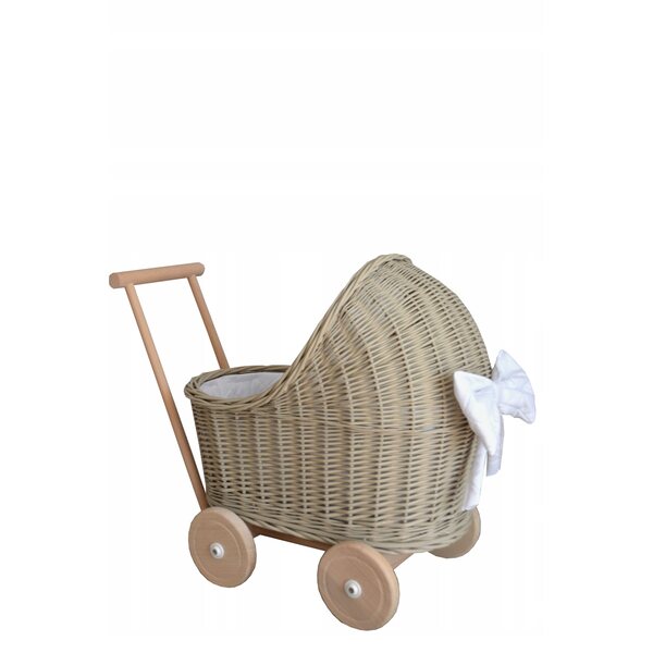 Beigefarbener Puppenwagen aus Korbgeflecht mit Bettwäsche, Kinderwagen aus Holz für Kinder ab 2 Jahren