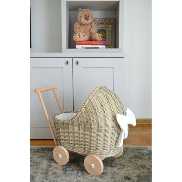 Beigefarbener Puppenwagen aus Korbgeflecht mit Bettwäsche, Kinderwagen aus Holz für Kinder ab 2 Jahren