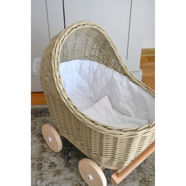 Beigefarbener Puppenwagen aus Korbgeflecht mit Bettwäsche, Kinderwagen aus Holz für Kinder ab 2 Jahren