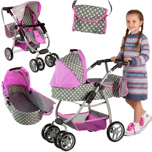 3in1 Puppenwagen, Buggy und Gondel mit Tasche, Pink für Mädchen