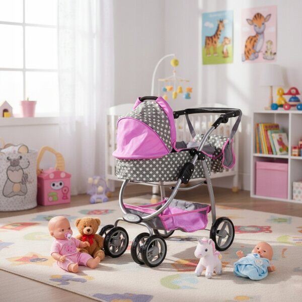 3in1 Puppenwagen, Buggy und Gondel mit Tasche, Pink für Mädchen