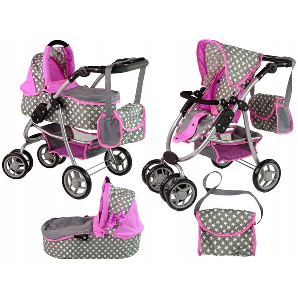 Alice 2in1 Puppenwagen mit Gondel, Kinderwagen und Tasche, rosa und grau