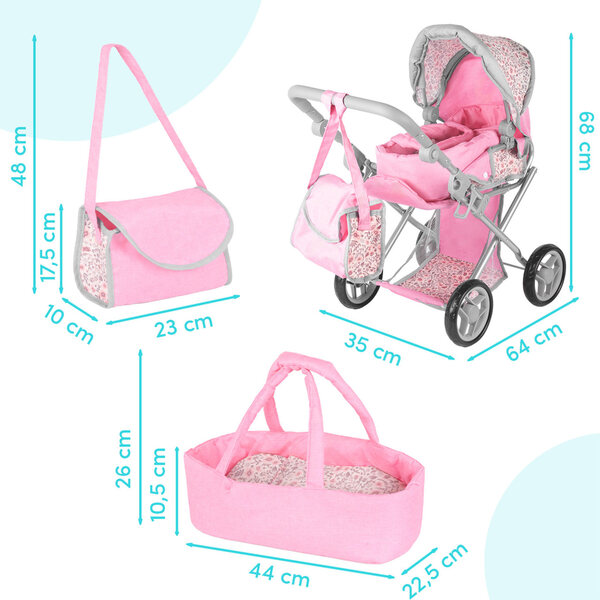 3-in-1-Kinderwagen für Bella Flora-Puppen mit Gondel, Kinderwagen und Babytrage