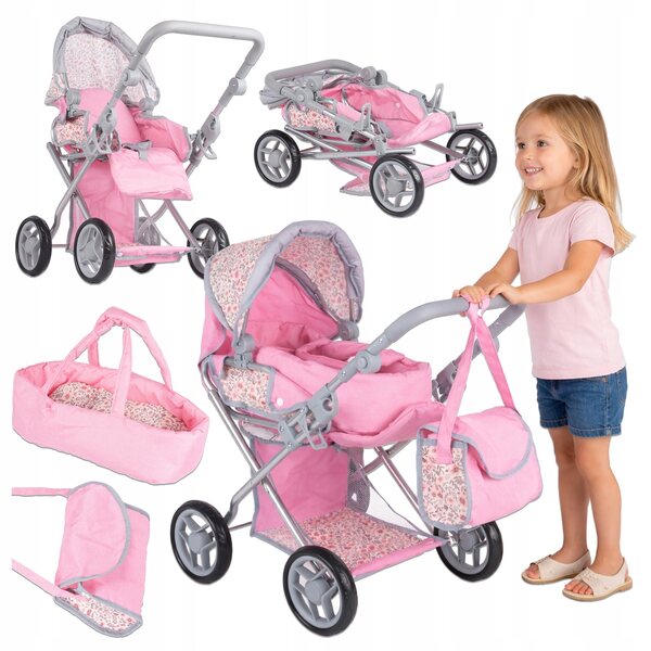 3-in-1-Kinderwagen für Bella Flora-Puppen mit Gondel, Kinderwagen und Babytrage