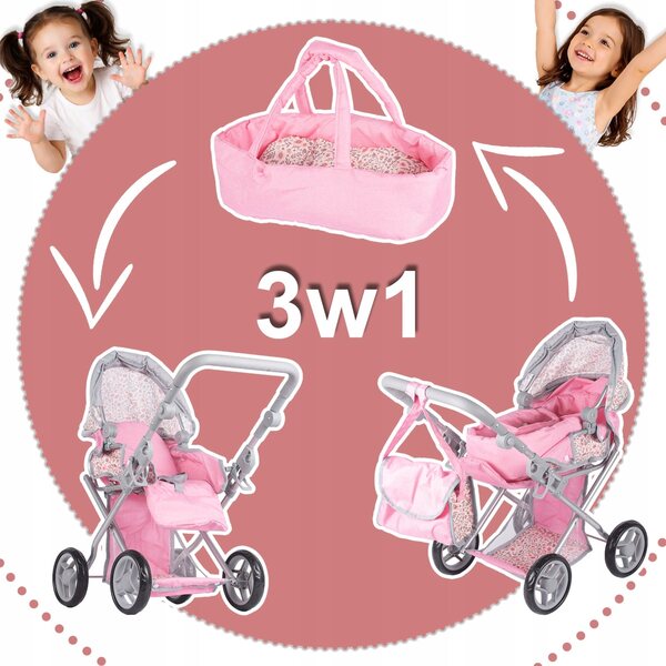 3-in-1-Kinderwagen für Bella Flora-Puppen mit Gondel, Kinderwagen und Babytrage
