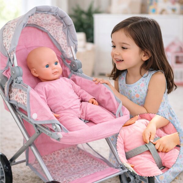 3-in-1-Kinderwagen für Bella Flora-Puppen mit Gondel, Kinderwagen und Babytrage