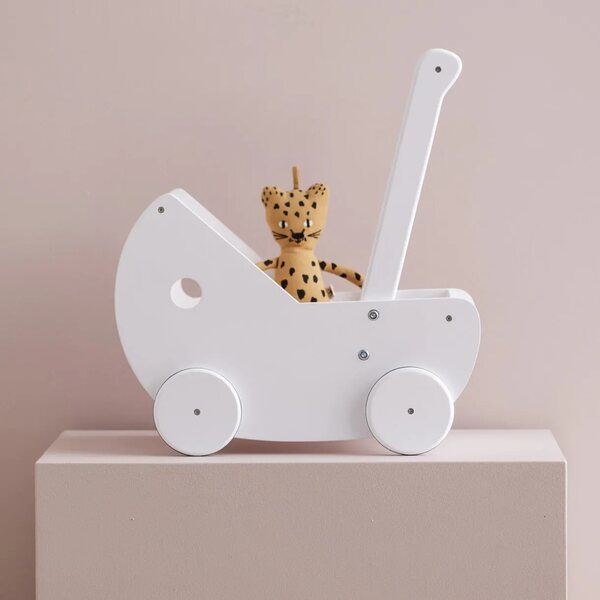 White Kids Concept Puppenwagen aus weißem Holz mit Baumwollbettwäsche