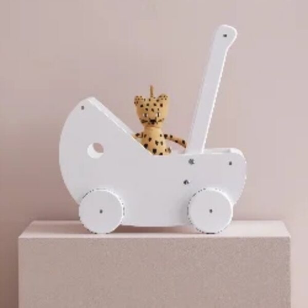 White Kids Concept Puppenwagen aus weißem Holz mit Baumwollbettwäsche
