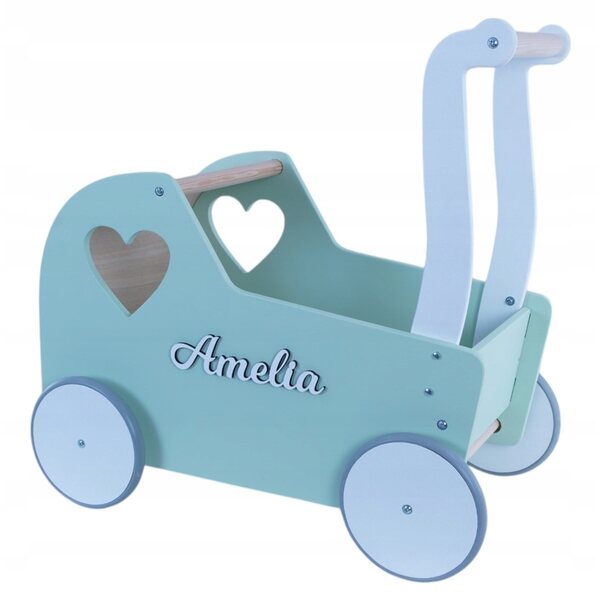 eKids Retro Matcha Green Holzkinderwagen für Puppen mit personalisiertem Namen