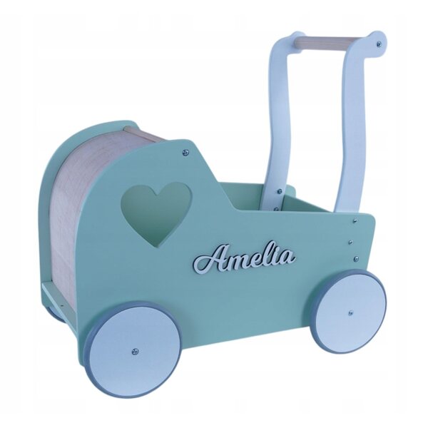 eKids Retro Matcha Green Holzkinderwagen für Puppen mit personalisiertem Namen