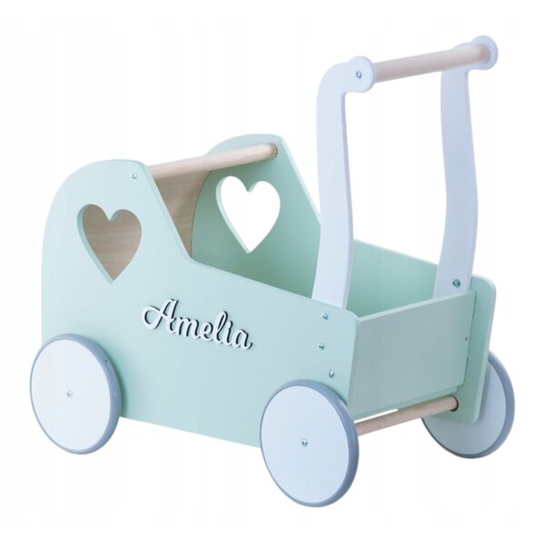 eKids Retro Matcha Green Holzkinderwagen für Puppen mit personalisiertem Namen