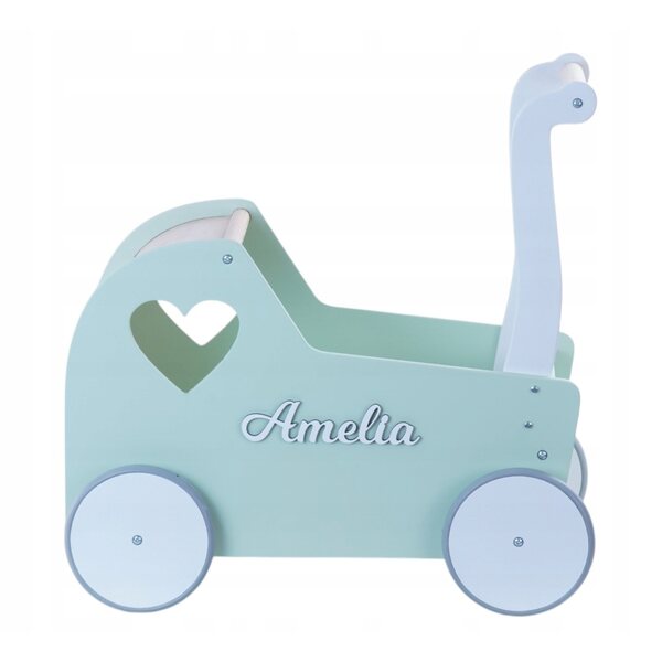 eKids Retro Matcha Green Holzkinderwagen für Puppen mit personalisiertem Namen