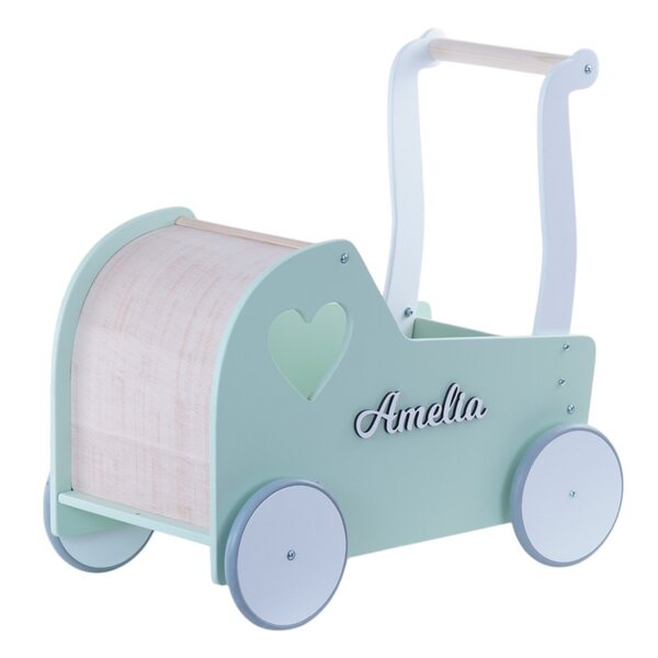 eKids Retro Matcha Green Holzkinderwagen für Puppen mit personalisiertem Namen