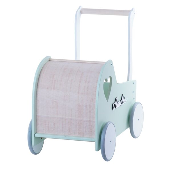 eKids Retro Matcha Green Holzkinderwagen für Puppen mit personalisiertem Namen