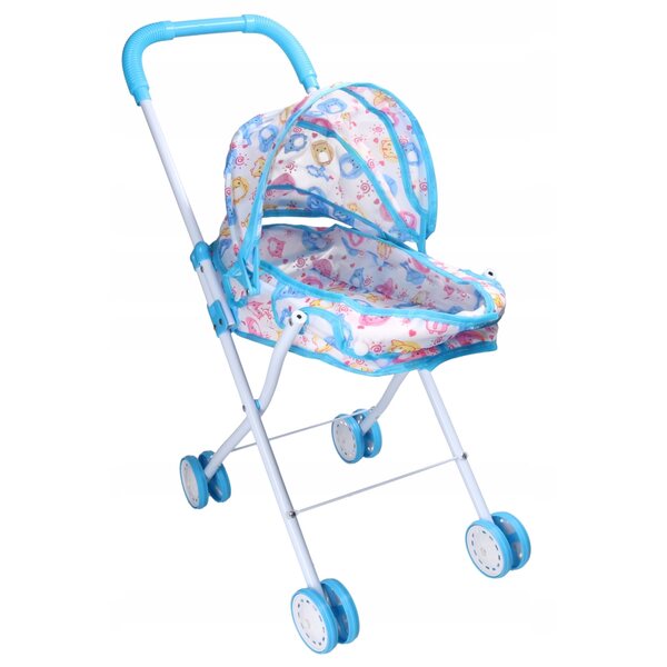 Ein strahlend weißer Puppenwagen mit farbenfroher Kabine und Metallgestell