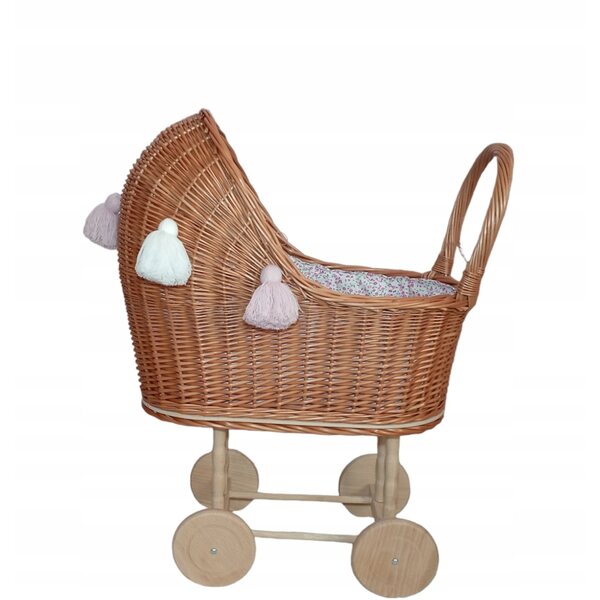 Puppenwagen aus Naturgeflecht mit Bettwäsche, polnische Handwerkskunst, 45 x 30 x 60 cm