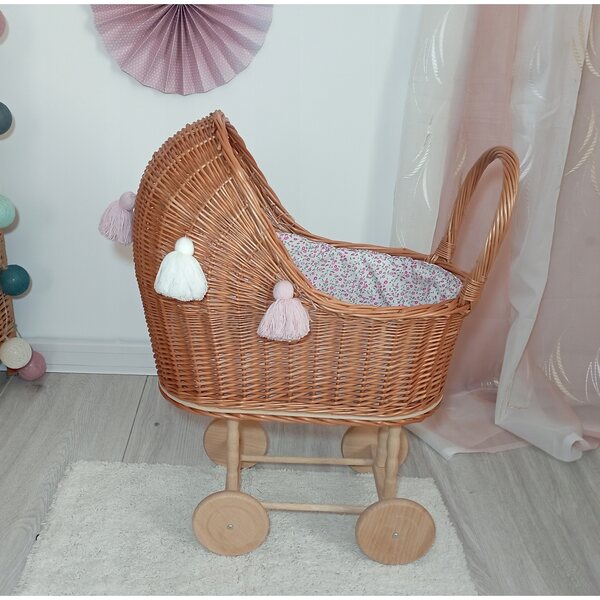 Puppenwagen aus Naturgeflecht mit Bettwäsche, polnische Handwerkskunst, 45 x 30 x 60 cm
