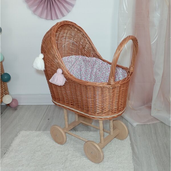 Puppenwagen aus Naturgeflecht mit Bettwäsche, polnische Handwerkskunst, 45 x 30 x 60 cm