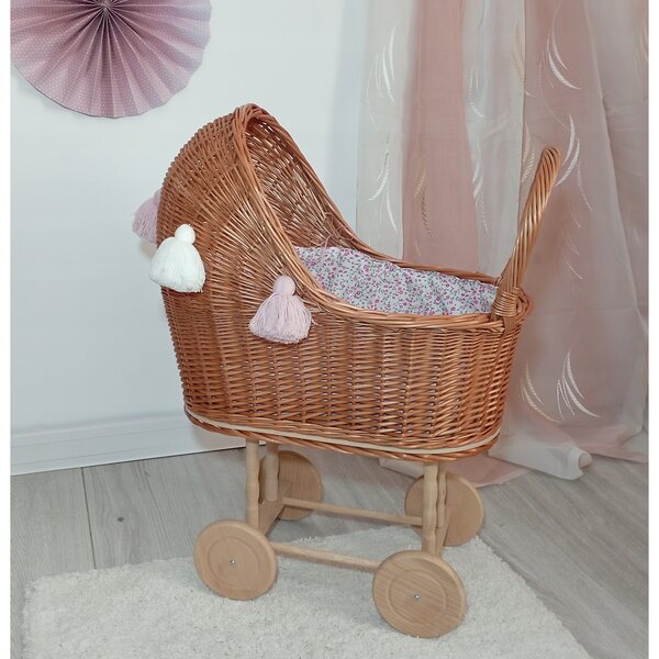 Puppenwagen aus Naturgeflecht mit Bettwäsche, polnische Handwerkskunst, 45 x 30 x 60 cm