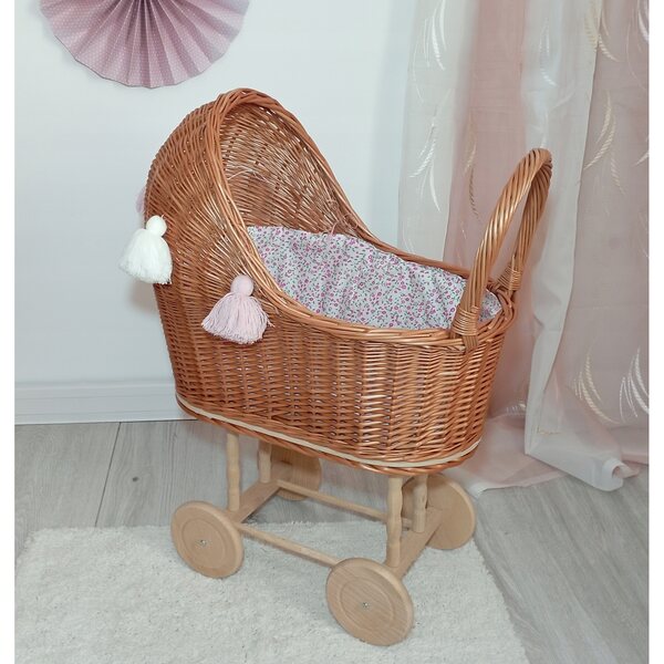 Puppenwagen aus Naturgeflecht mit Bettwäsche, polnische Handwerkskunst, 45 x 30 x 60 cm