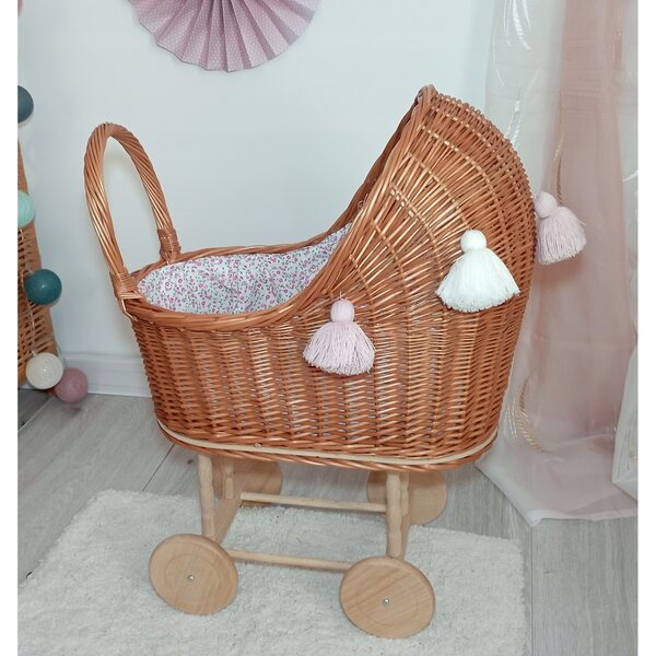 Puppenwagen aus Naturgeflecht mit Bettwäsche, polnische Handwerkskunst, 45 x 30 x 60 cm