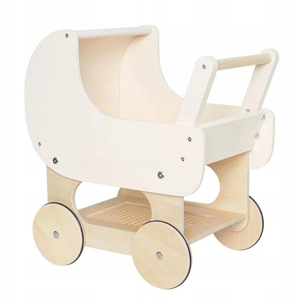 Holzkinderwagen für Jabadabado-Puppen mit Rattandetails und Gummirädern
