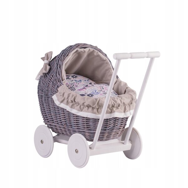 Lili-Puppenkinderwagen aus Korbgeflecht mit beigem Besatz und Leinenbettwäsche