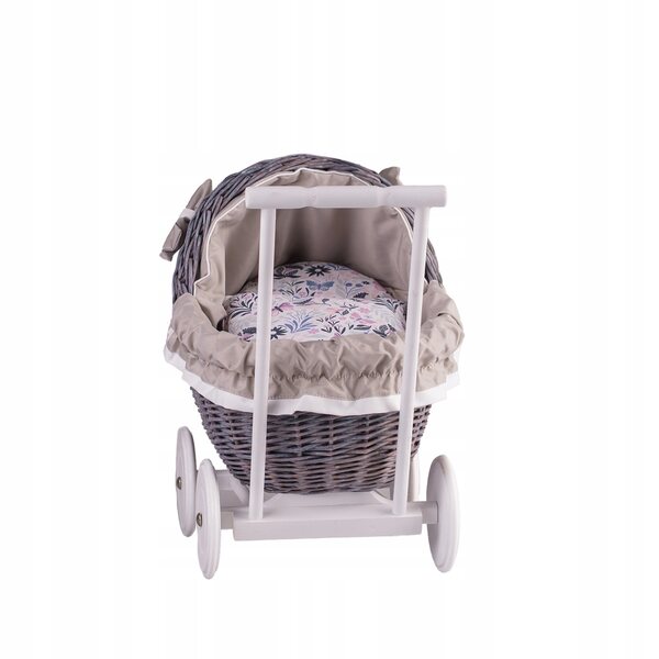 Lili-Puppenkinderwagen aus Korbgeflecht mit beigem Besatz und Leinenbettwäsche