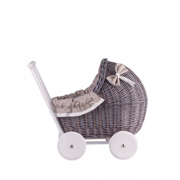 Lili-Puppenkinderwagen aus Korbgeflecht mit beigem Besatz und Leinenbettwäsche