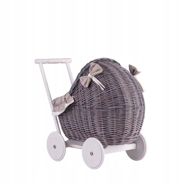 Lili-Puppenkinderwagen aus Korbgeflecht mit beigem Besatz und Leinenbettwäsche
