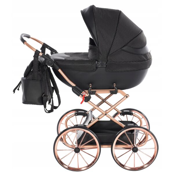 Dolce Mini TAKO Puppenwagen, Schwarz mit Roségold, große Räder, verstellbarer Griff