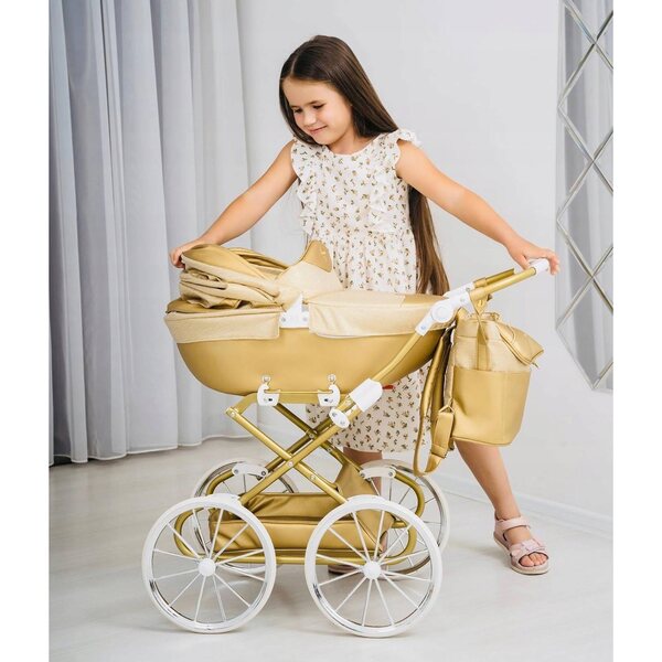 Dolce Mini TAKO Puppenwagen, Schwarz mit Roségold, große Räder, verstellbarer Griff