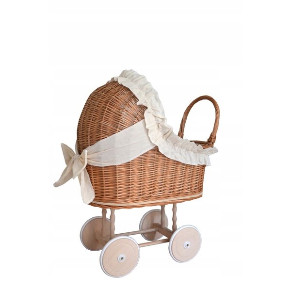 Passeggino per bambole in vimini con cuscino e ruote in legno ecrù, 63 cm