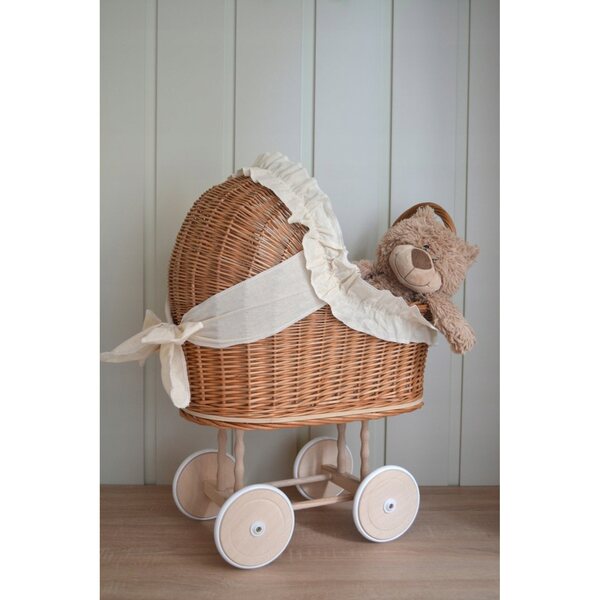 Passeggino per bambole in vimini con cuscino e ruote in legno ecrù, 63 cm