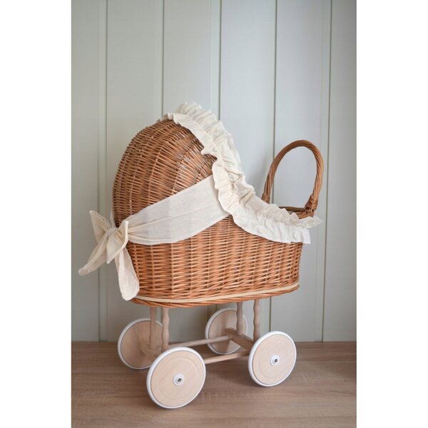 Passeggino per bambole in vimini con cuscino e ruote in legno ecrù, 63 cm